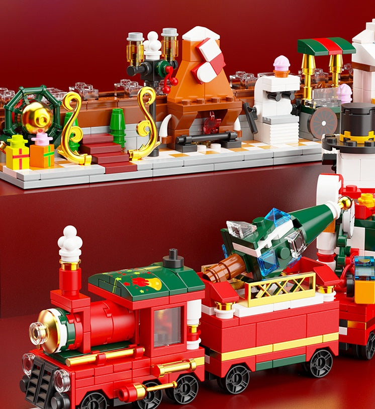 Christmas Tree Winter Elk Snowman Santa Claus Music Box Air Balloon Rotating Wreath LED Shining Gift Building Blocks Bricks